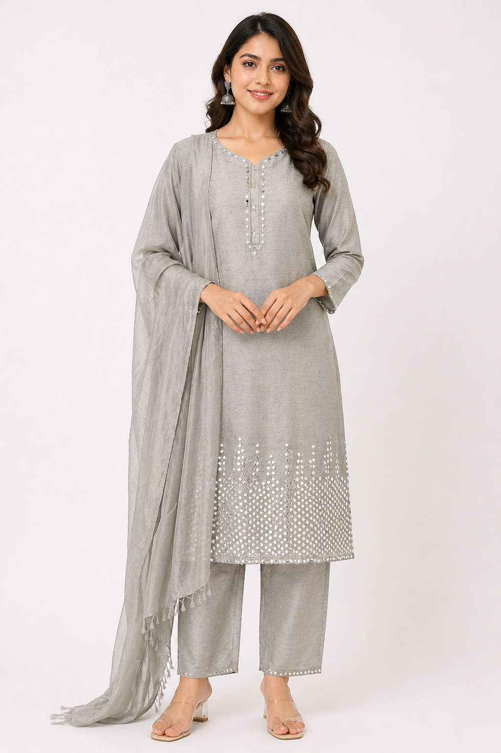 Grey Raw Silk Kurti Set with Pant & Organza Dupatta