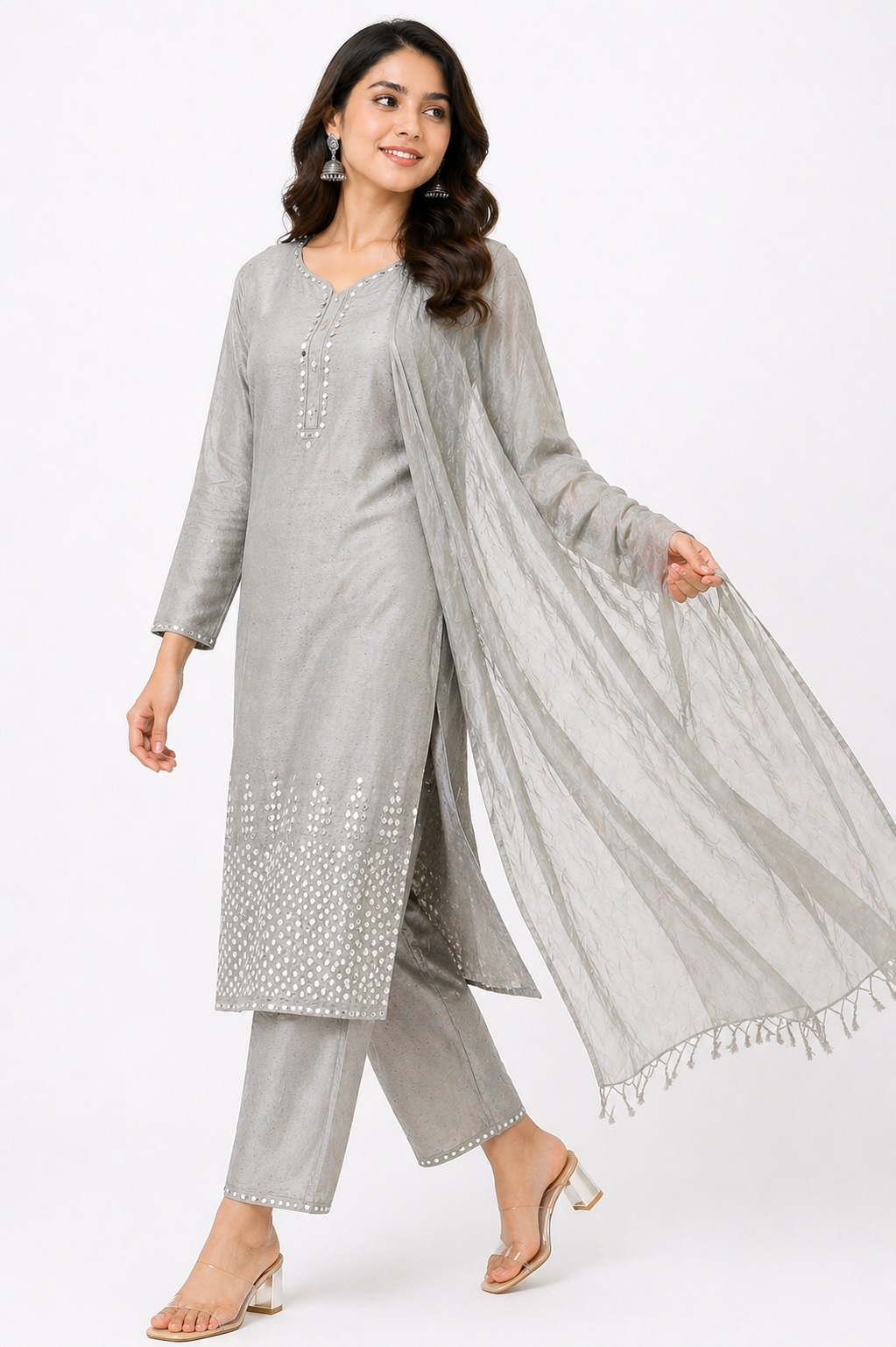 Grey Raw Silk Kurti Set with Pant & Organza Dupatta