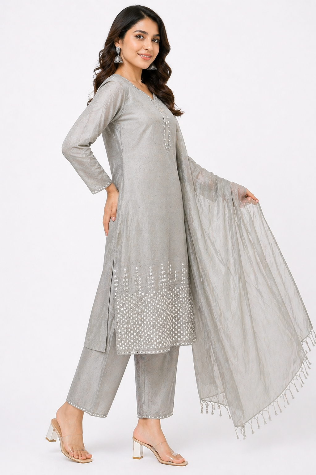 Grey Raw Silk Kurti Set with Pant & Organza Dupatta