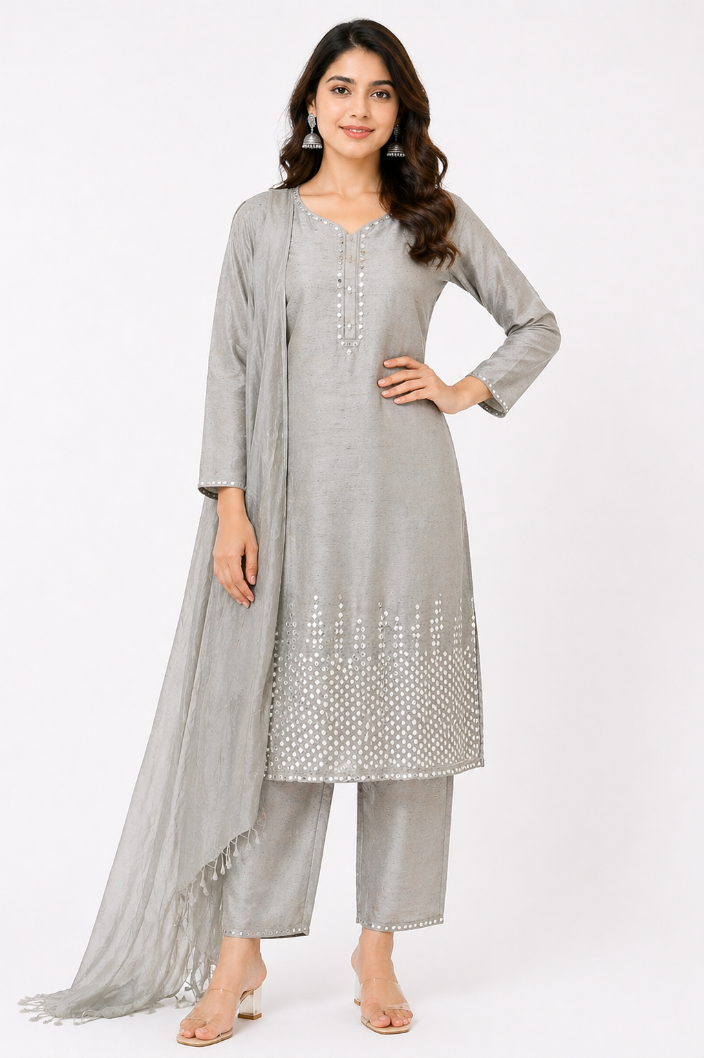 Grey Raw Silk Kurti Set with Pant & Organza Dupatta