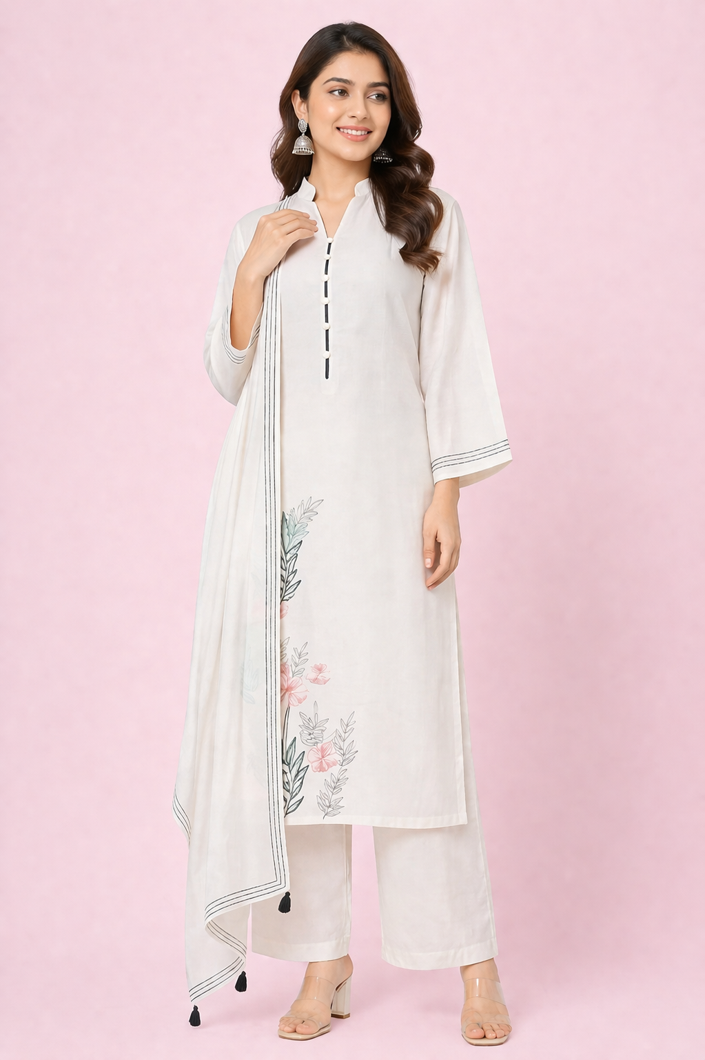Off White Katan Silk Kurti Set with Pant & Organza Dupatta
