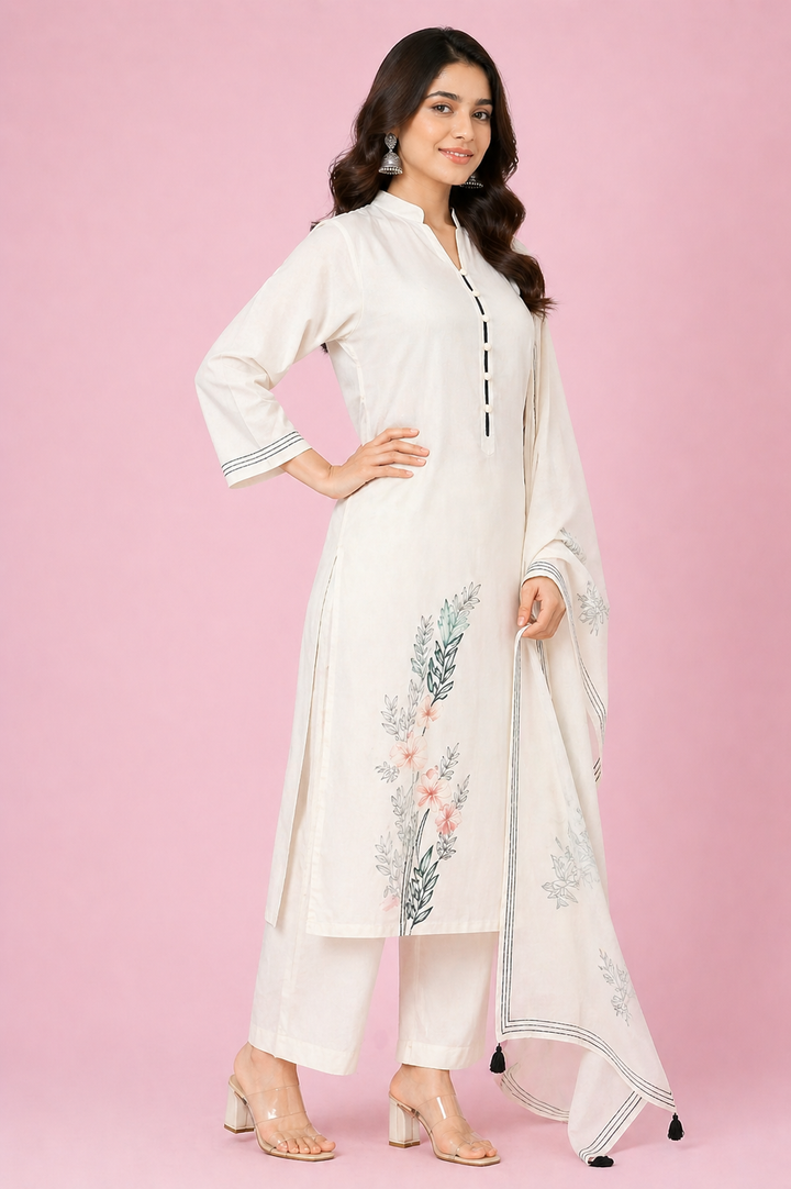 Off White Katan Silk Kurti Set with Pant & Organza Dupatta