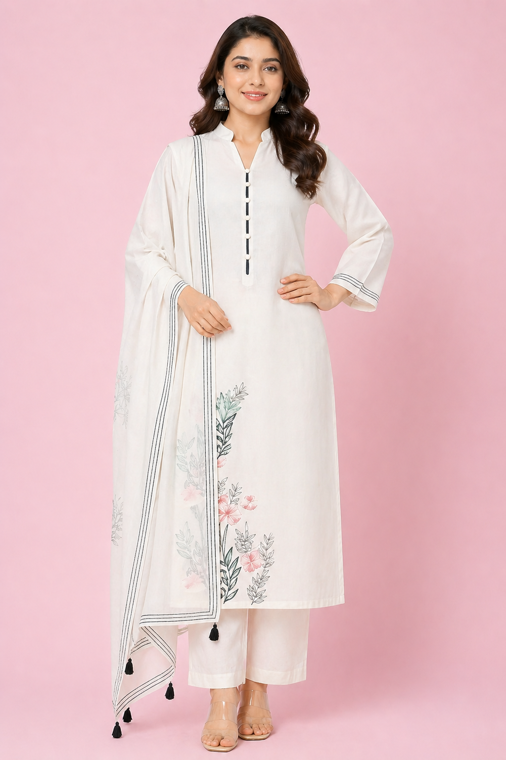Off White Katan Silk Kurti Set with Pant & Organza Dupatta