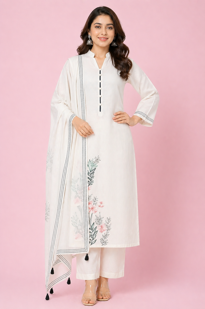 Off White Katan Silk Kurti Set with Pant & Organza Dupatta