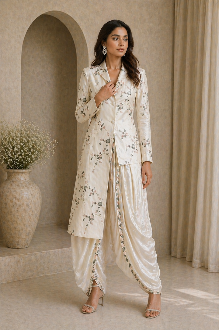 Off White Katan Silk Co-ord Set with Jacket & Modal Satin Dhoti