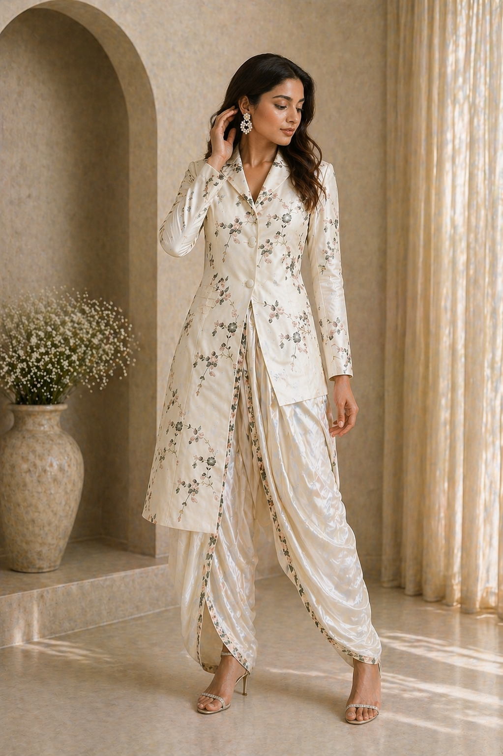 Off White Katan Silk Co-ord Set with Jacket & Modal Satin Dhoti