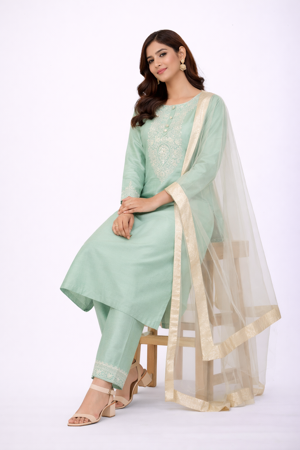 Mint Green Katan Silk Kurti Set with Dori & Hand Work and Net Dupatta