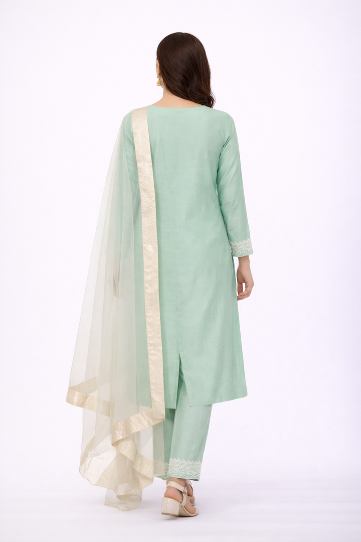 Mint Green Katan Silk Kurti Set with Dori & Hand Work and Net Dupatta
