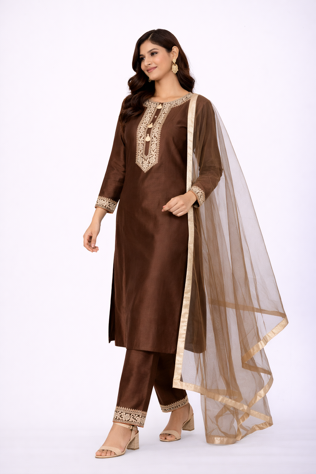 Beige Katan Silk Kurti Set with Dori & Embroidery Work