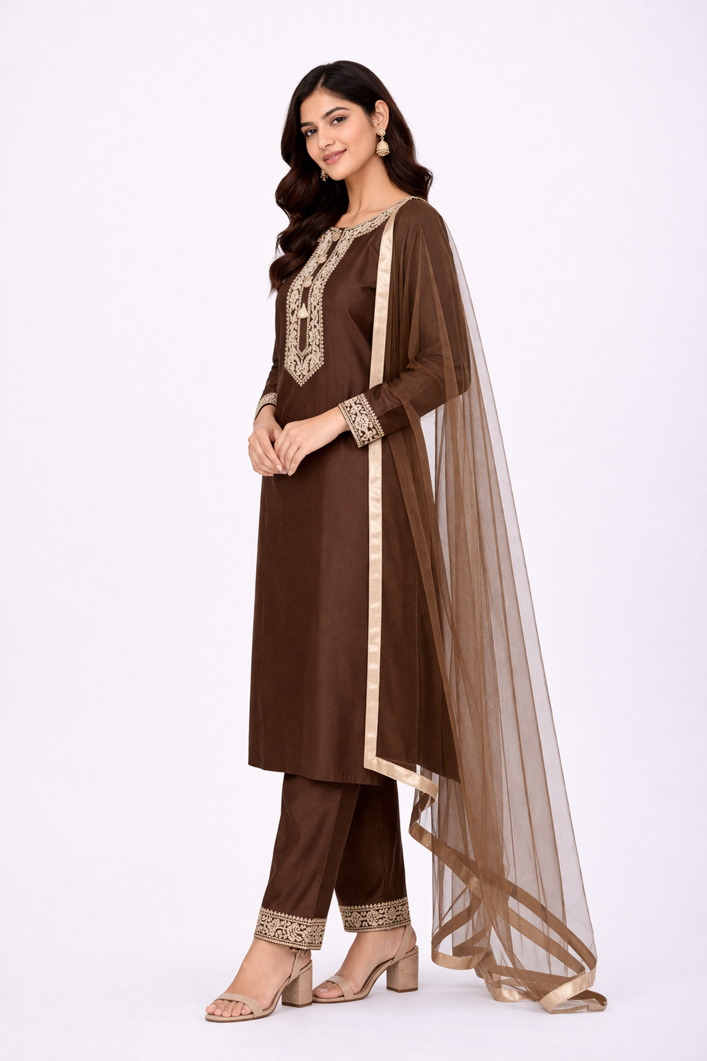 Beige Katan Silk Kurti Set with Dori & Embroidery Work
