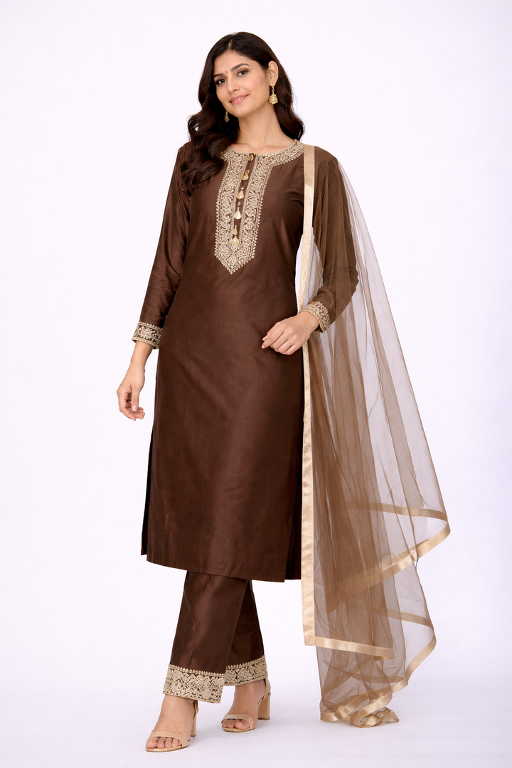 Beige Katan Silk Kurti Set with Dori & Embroidery Work
