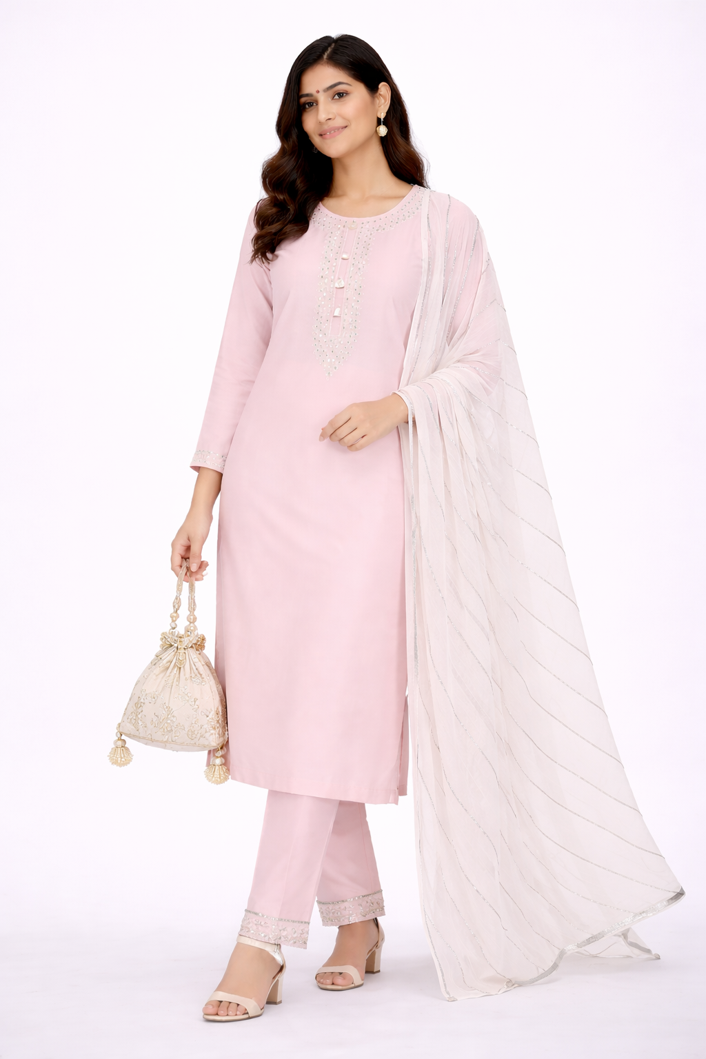 Light Pink Katan Silk Kurti Set with Dori & Hand Work