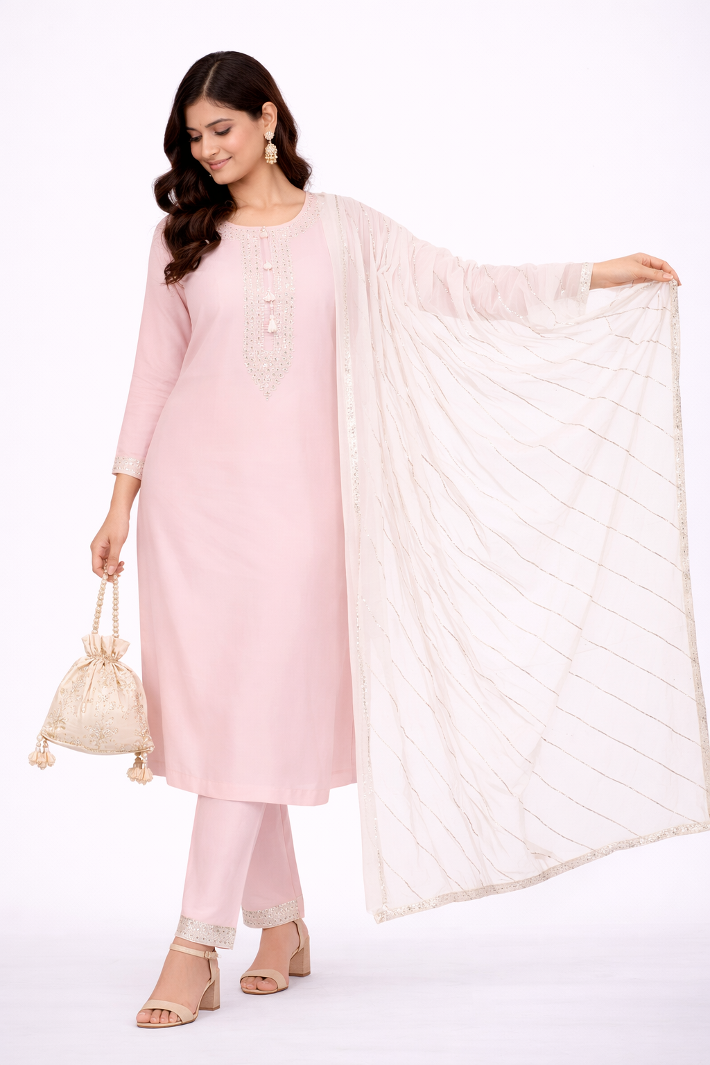 Light Pink Katan Silk Kurti Set with Dori & Hand Work