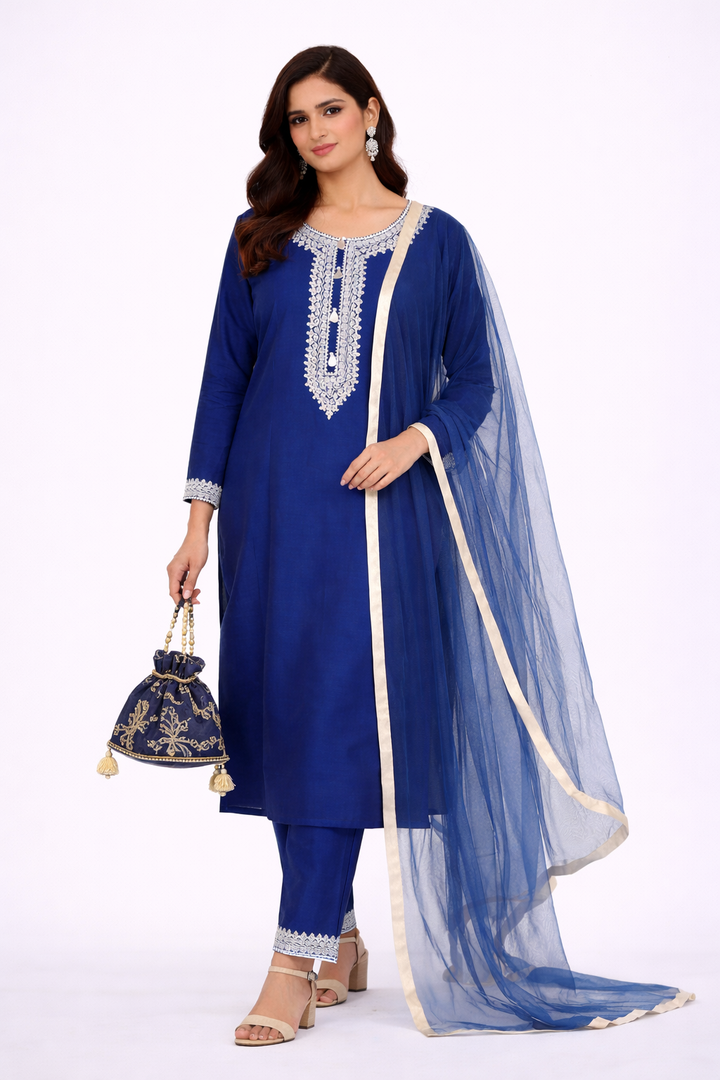Royal Blue Katan Silk Kurti Set with Dori Work and Net Dupatta