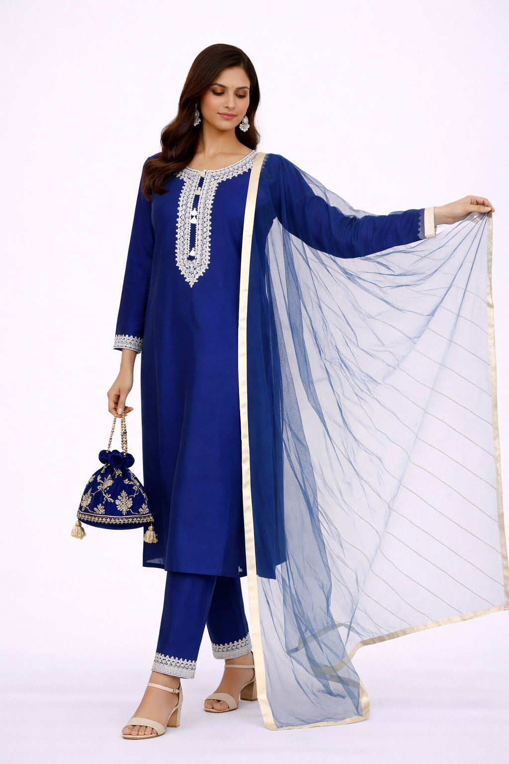 Royal Blue Katan Silk Kurti Set with Dori Work and Net Dupatta