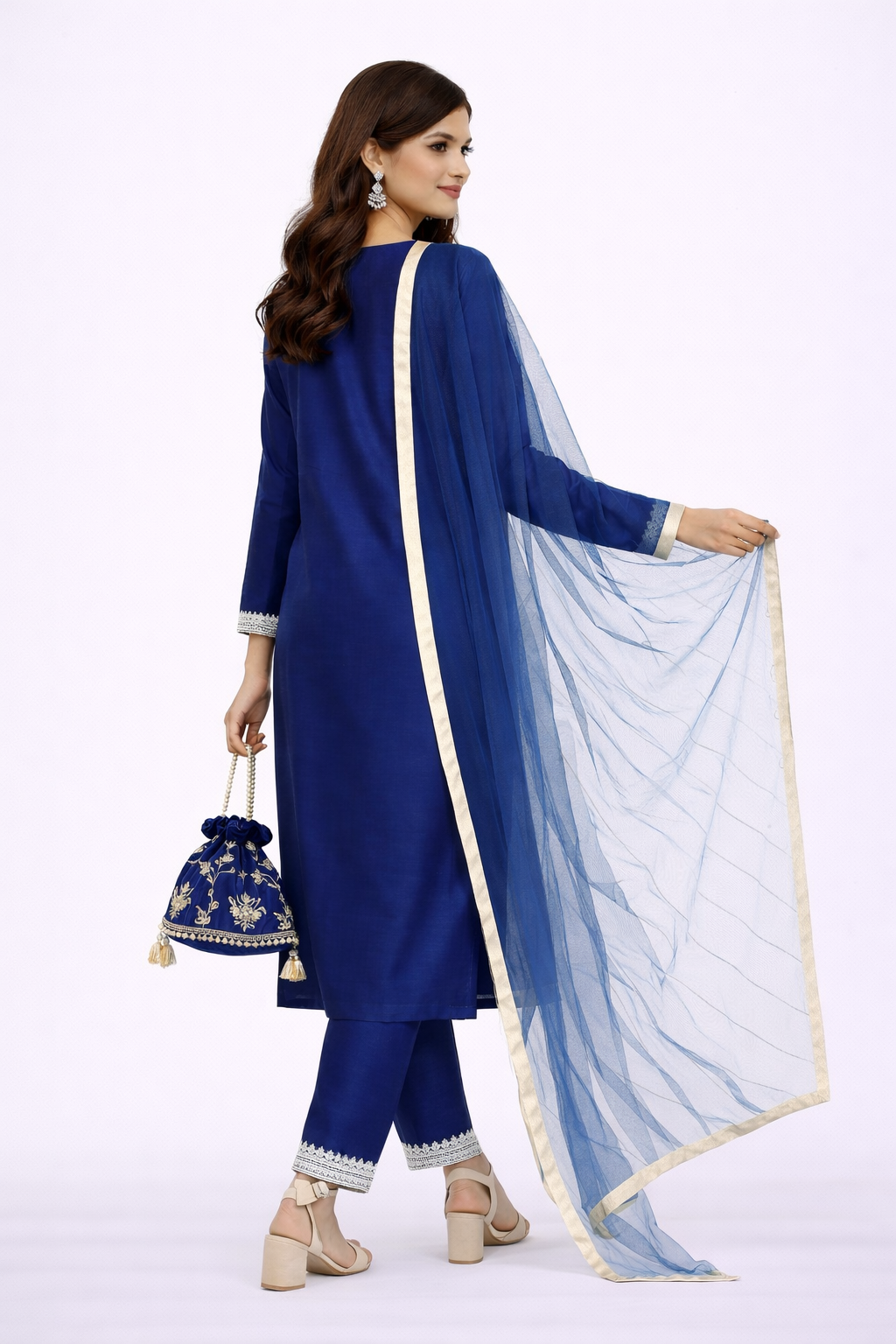 Royal Blue Katan Silk Kurti Set with Dori Work and Net Dupatta