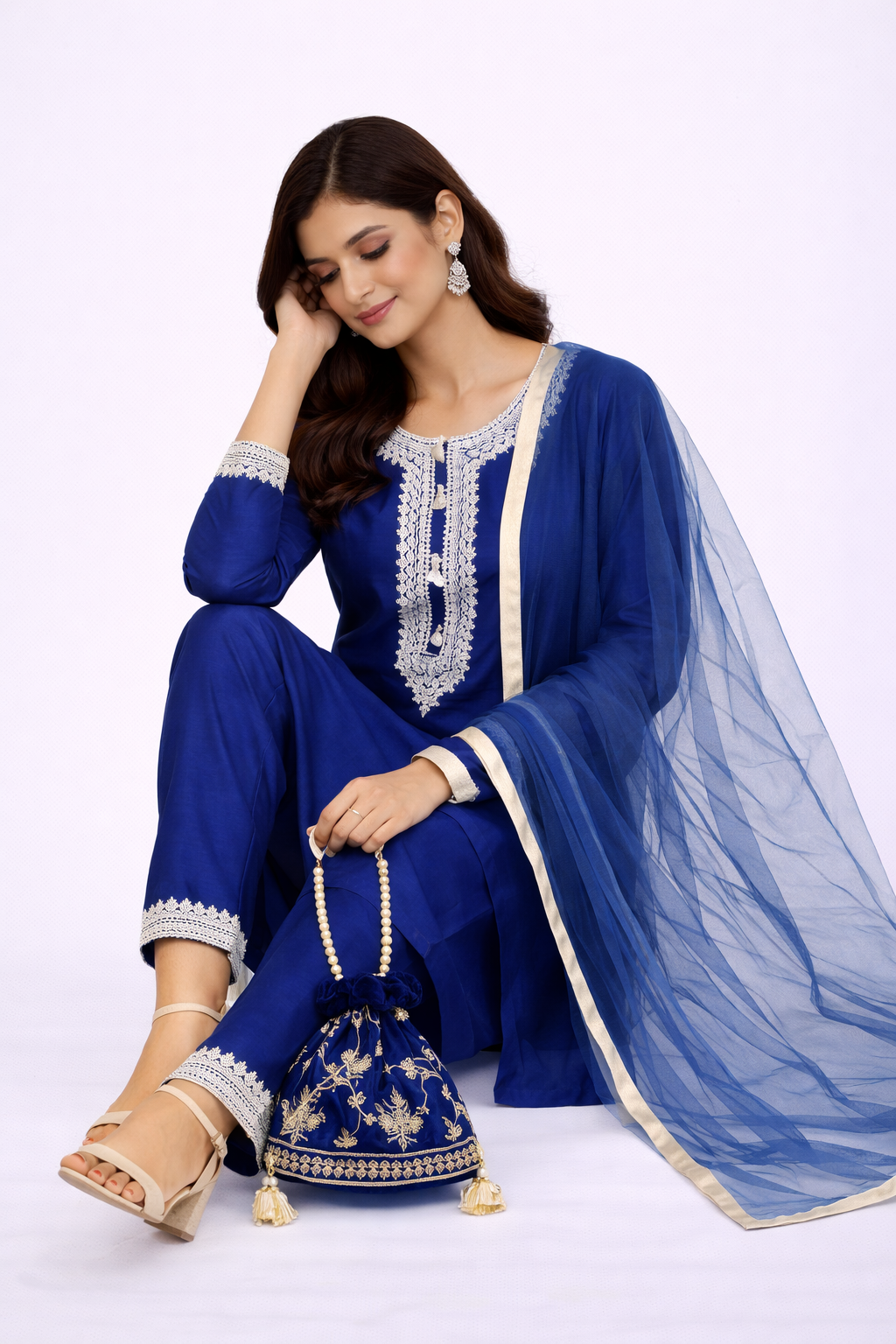 Royal Blue Katan Silk Kurti Set with Dori Work and Net Dupatta