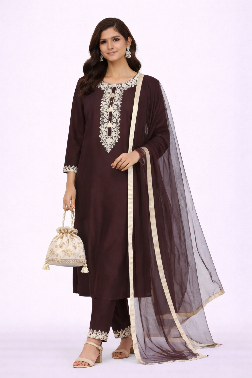 Burgundy Katan Silk Kurti Set with Dori Work and Net Dupatta