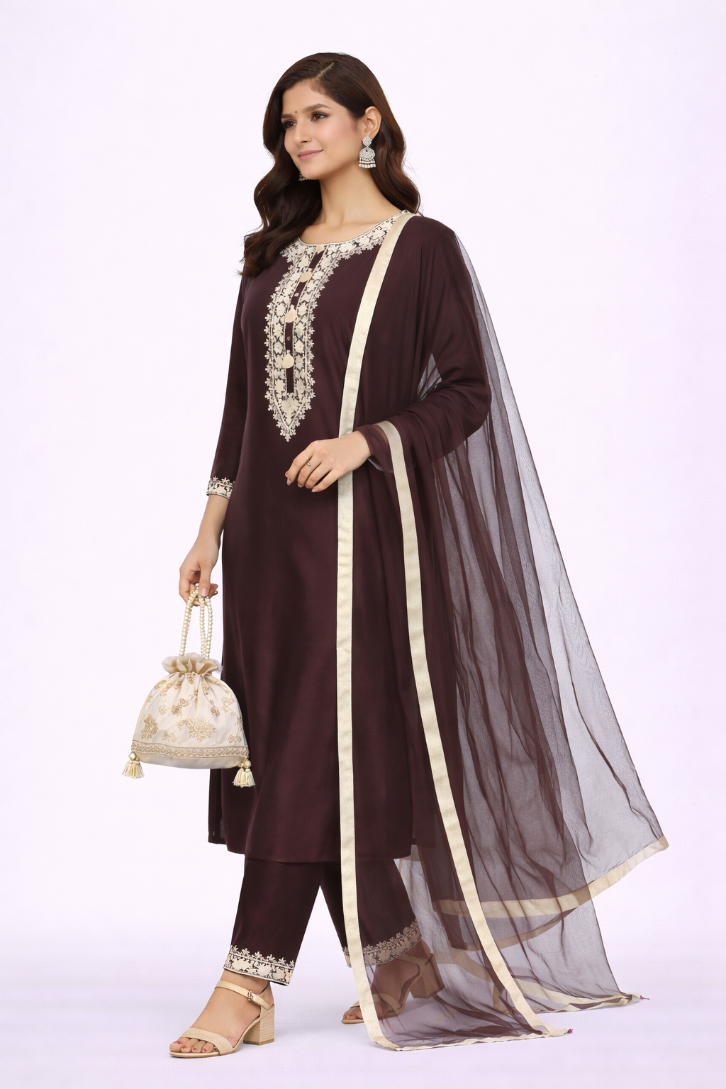 Burgundy Katan Silk Kurti Set with Dori Work and Net Dupatta