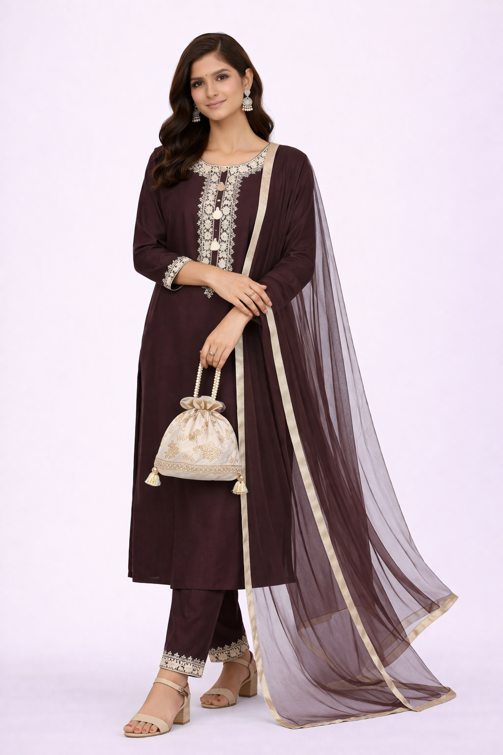 Burgundy Katan Silk Kurti Set with Dori Work and Net Dupatta
