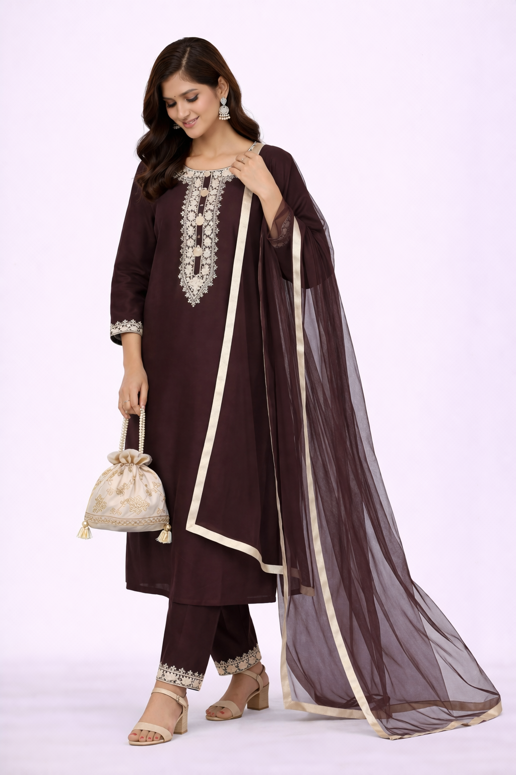 Burgundy Katan Silk Kurti Set with Dori Work and Net Dupatta