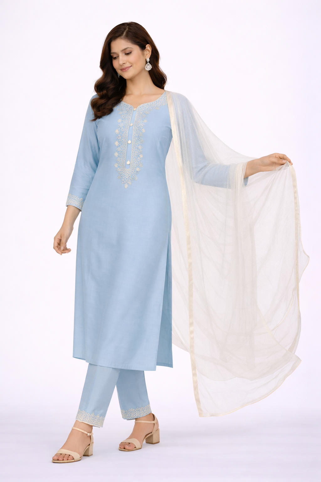 Sea Blue Katan Silk Kurti Set with Dori, Hand & Tikki Work