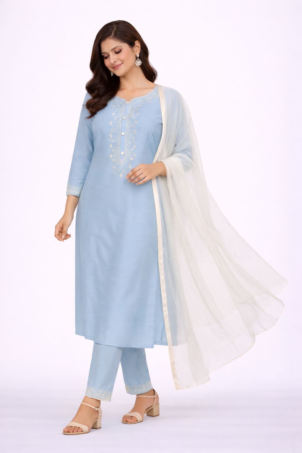 Sea Blue Katan Silk Kurti Set with Dori, Hand & Tikki Work