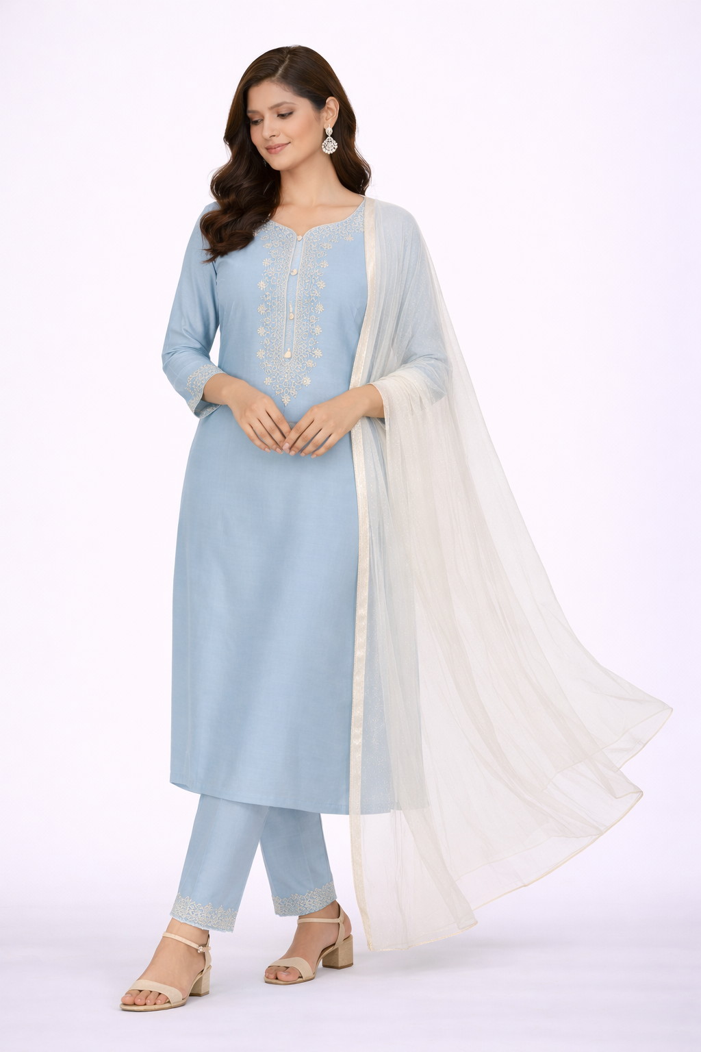 Sea Blue Katan Silk Kurti Set with Dori, Hand & Tikki Work