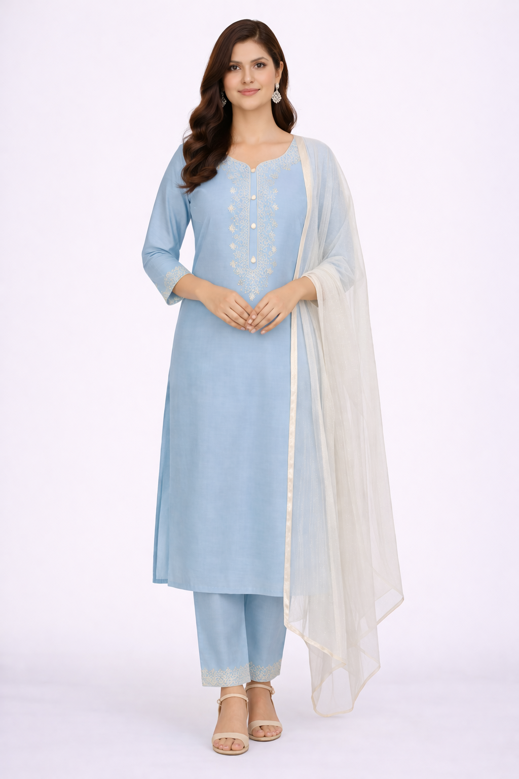 Sea Blue Katan Silk Kurti Set with Dori, Hand & Tikki Work