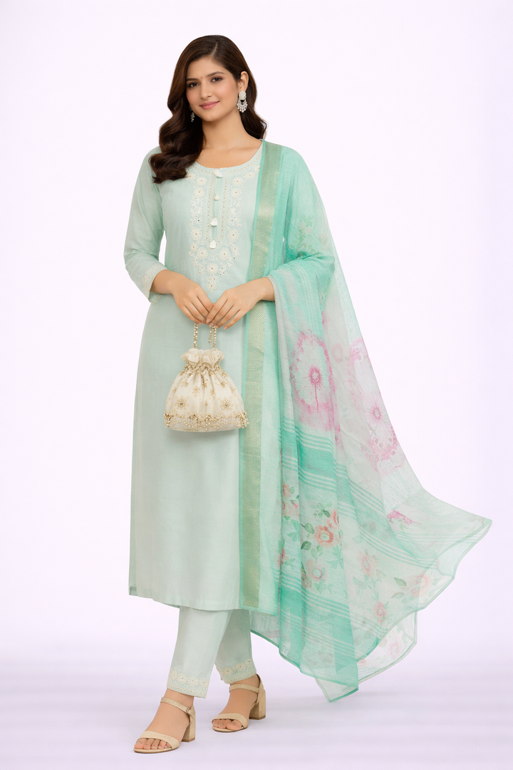 Pista Katan Silk Kurti Set with Dori Work and Printed Dupatta