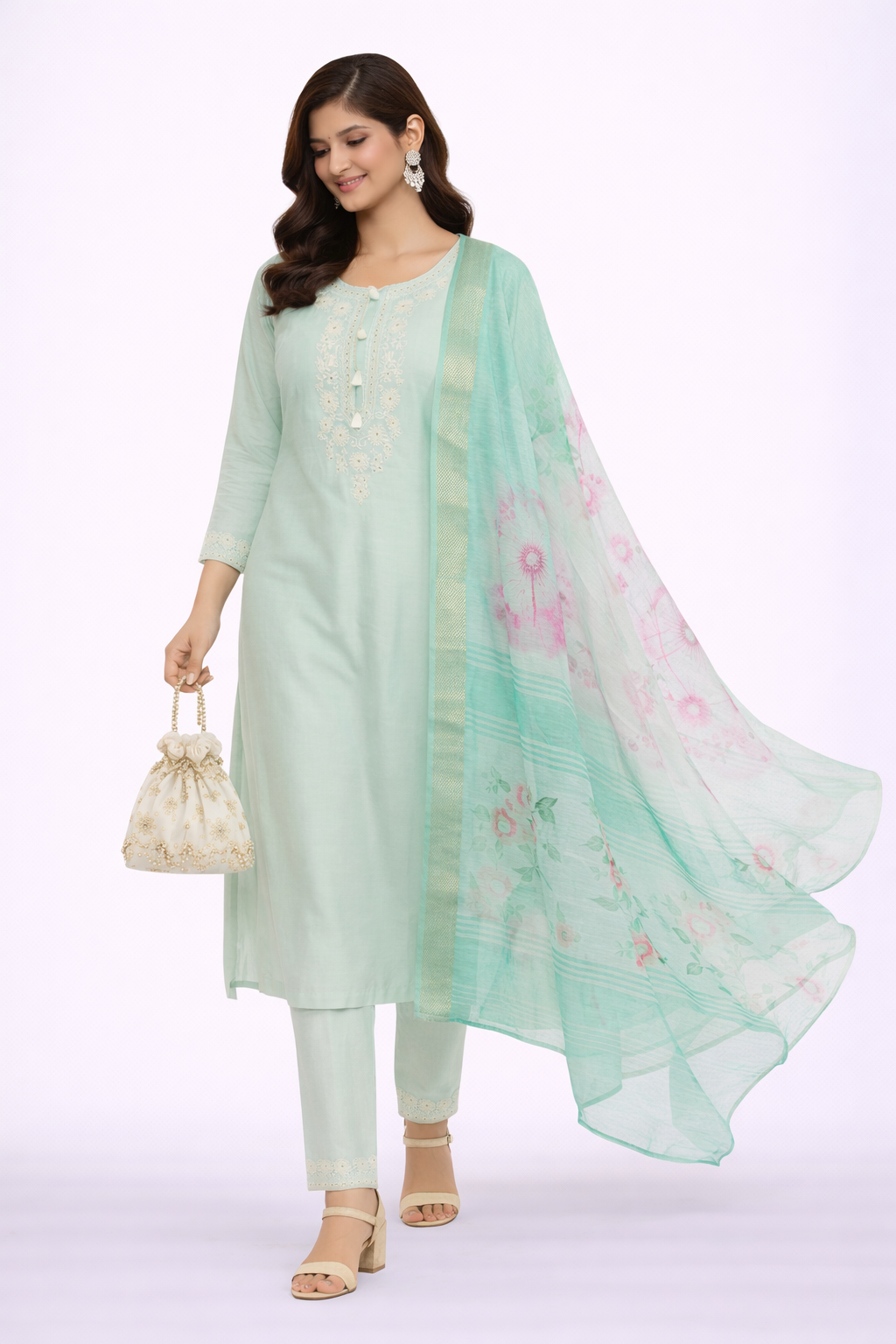 Pista Katan Silk Kurti Set with Dori Work and Printed Dupatta