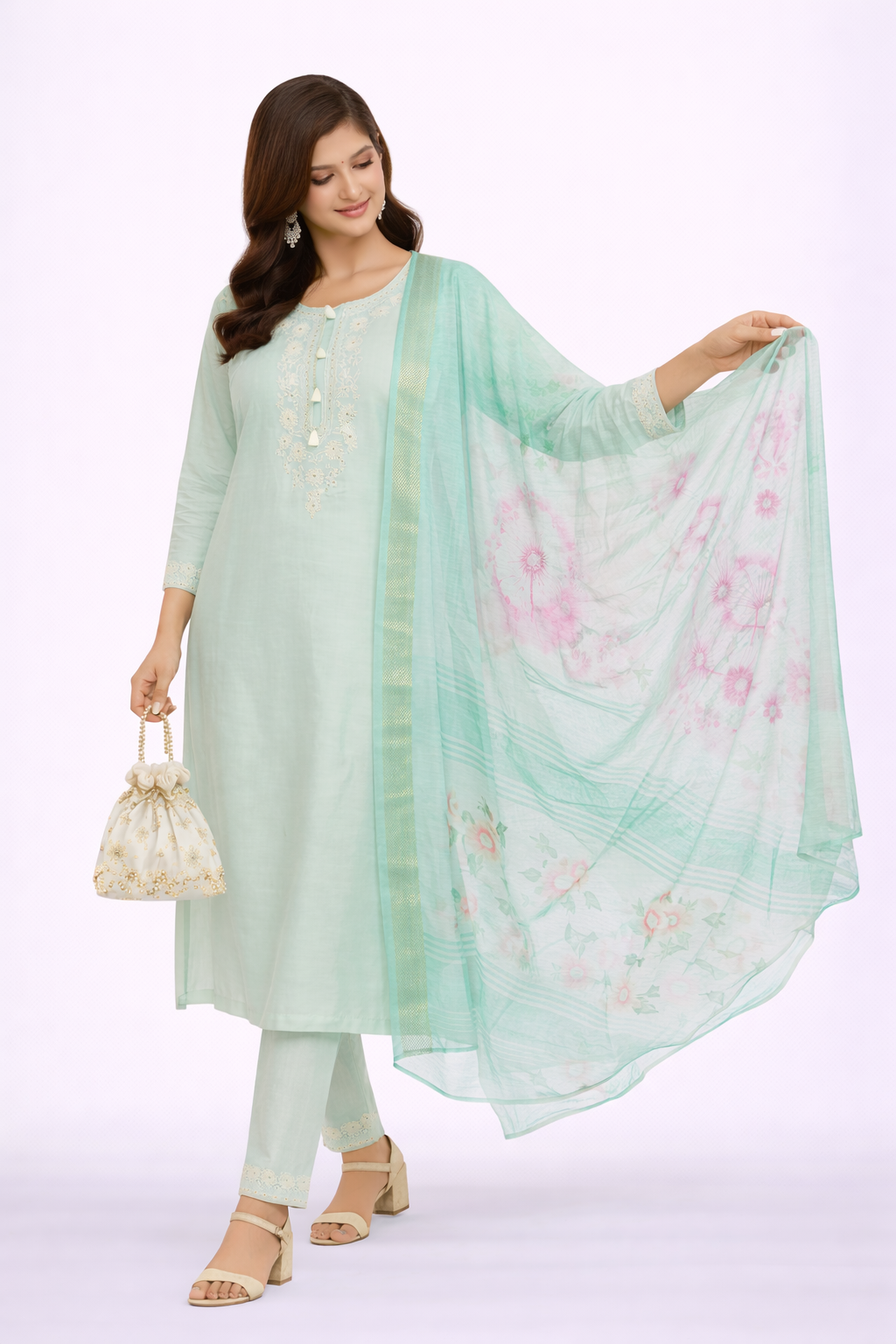 Pista Katan Silk Kurti Set with Dori Work and Printed Dupatta