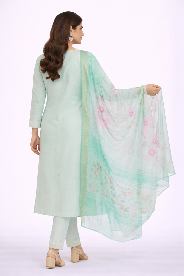 Pista Katan Silk Kurti Set with Dori Work and Printed Dupatta
