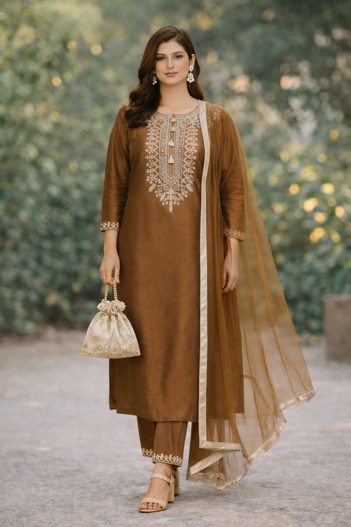 Rust Gold Katan Silk Kurti Set with Dori Work and Net Dupatta