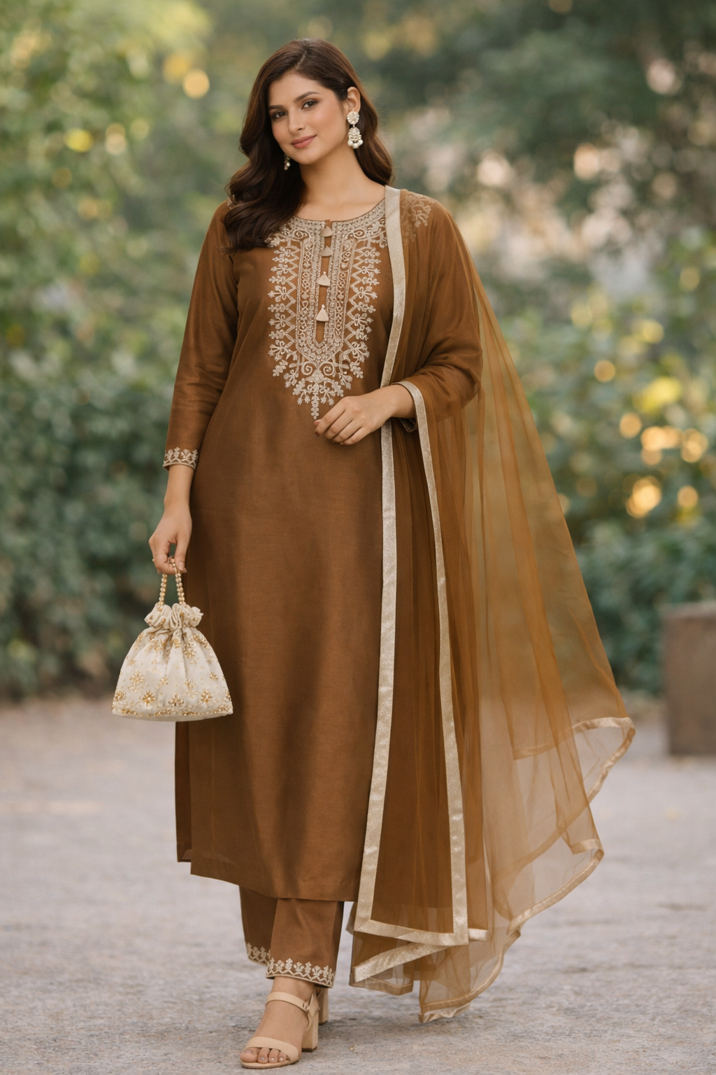 Rust Gold Katan Silk Kurti Set with Dori Work and Net Dupatta