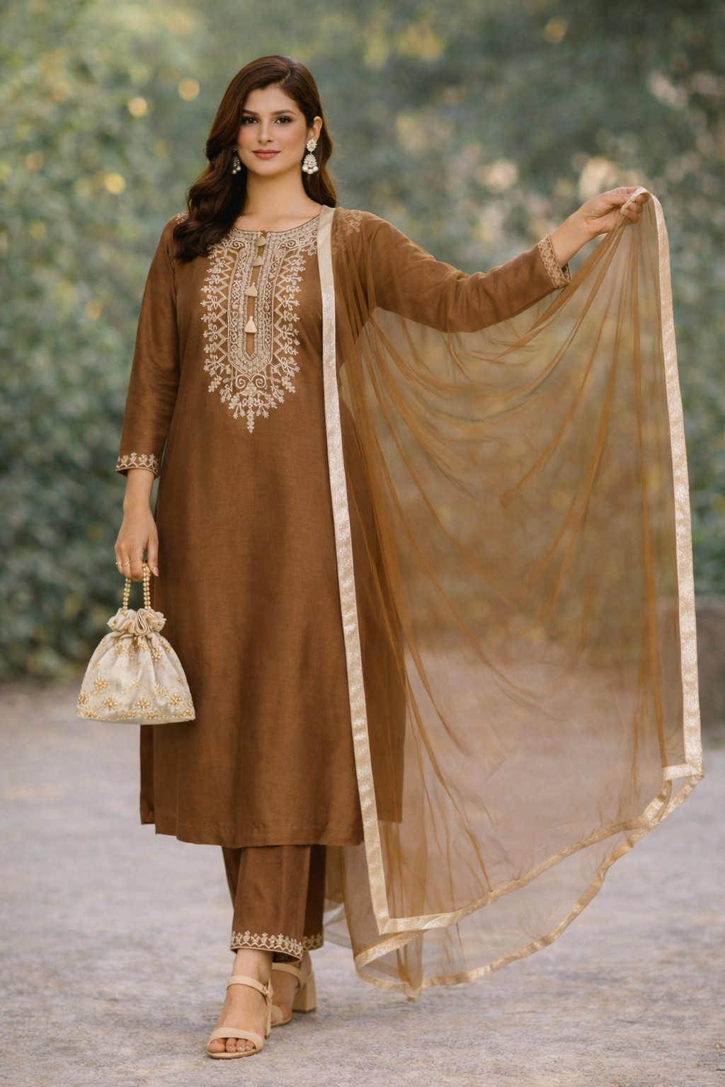 Rust Gold Katan Silk Kurti Set with Dori Work and Net Dupatta