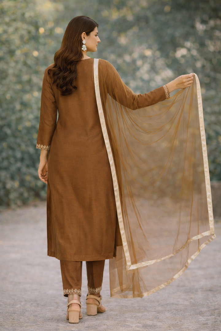 Rust Gold Katan Silk Kurti Set with Dori Work and Net Dupatta