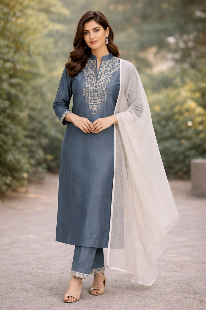 Gray Katan Silk Kurti Set with Dori Work and Stole Dupatta