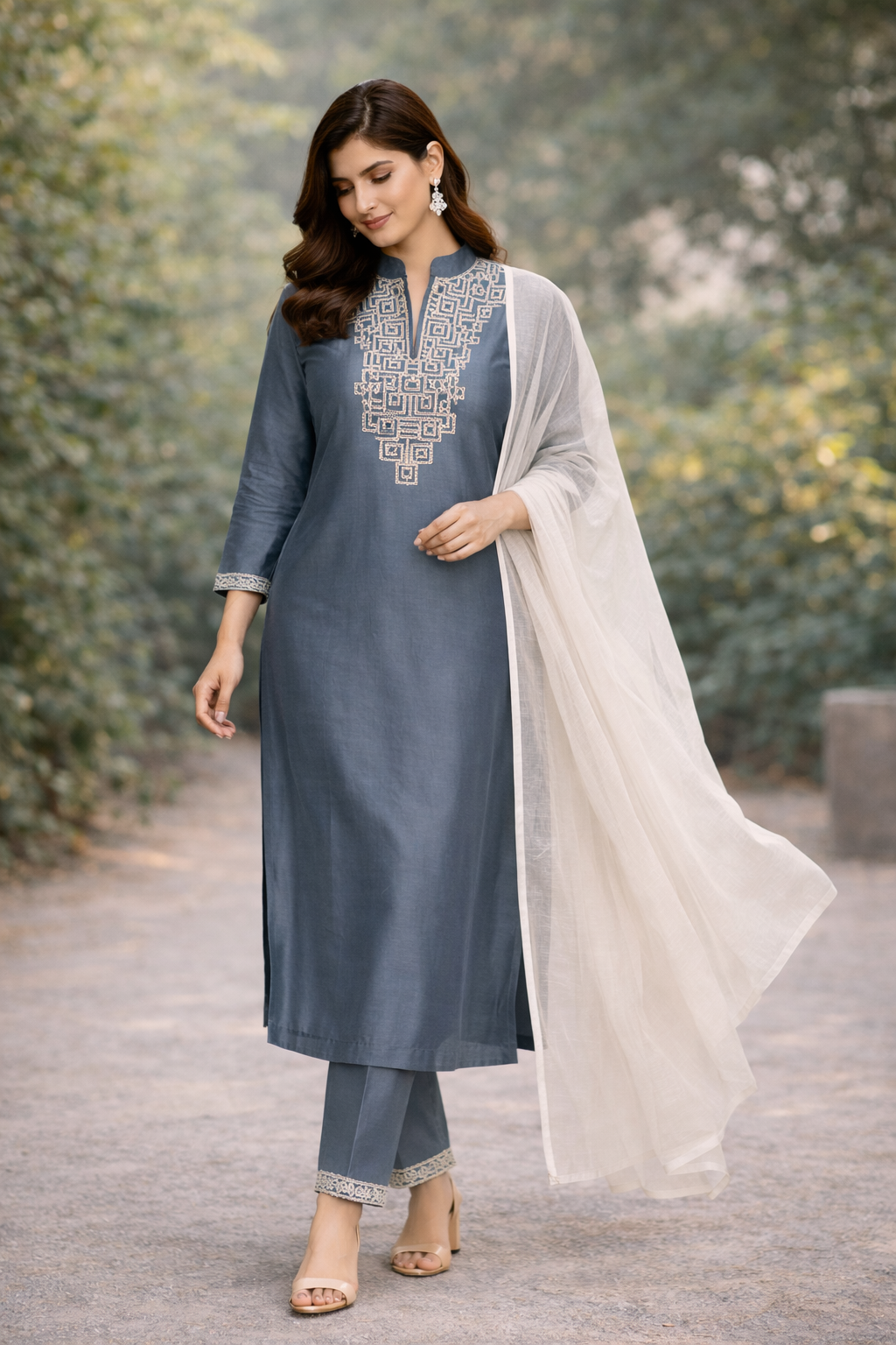 Gray Katan Silk Kurti Set with Dori Work and Stole Dupatta