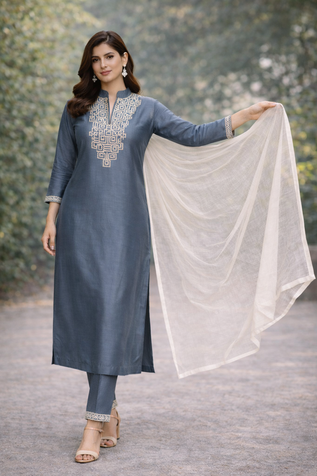 Gray Katan Silk Kurti Set with Dori Work and Stole Dupatta