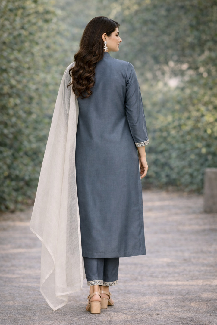 Gray Katan Silk Kurti Set with Dori Work and Stole Dupatta