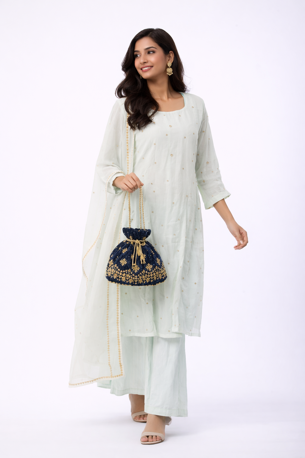 Ice Blue Viscose Anarkali Set with Button Dori Embroidery & Flare Pant