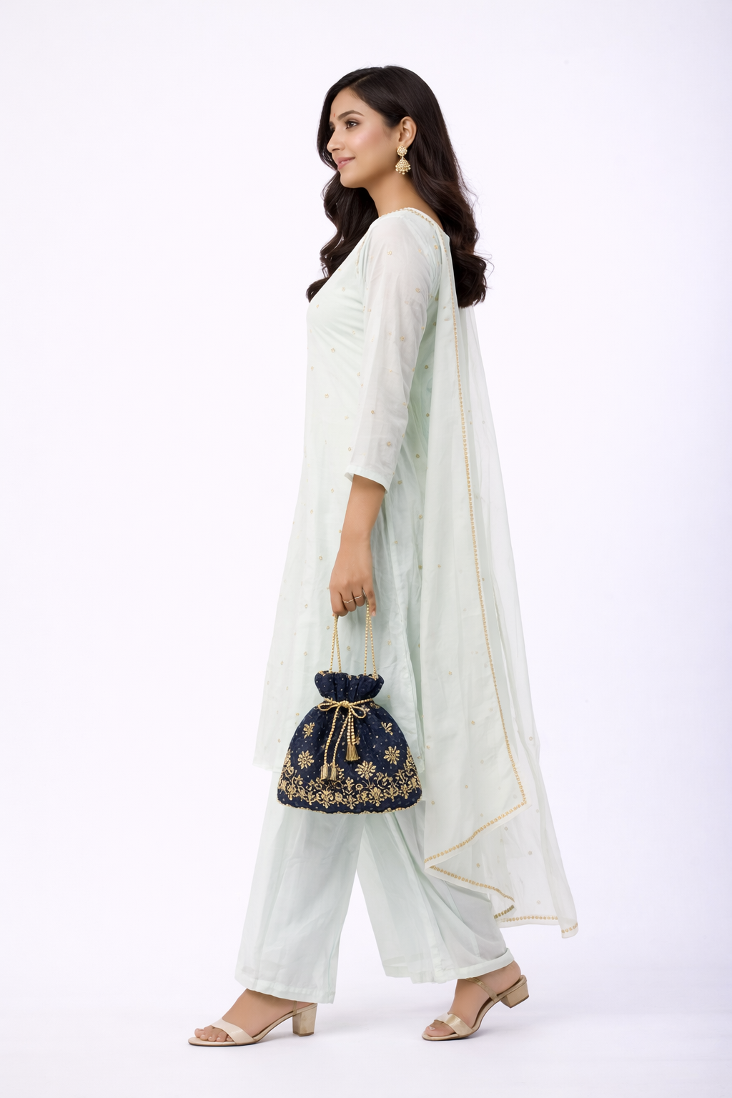 Ice Blue Viscose Anarkali Set with Button Dori Embroidery & Flare Pant
