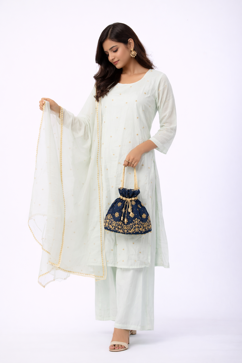 Ice Blue Viscose Anarkali Set with Button Dori Embroidery & Flare Pant