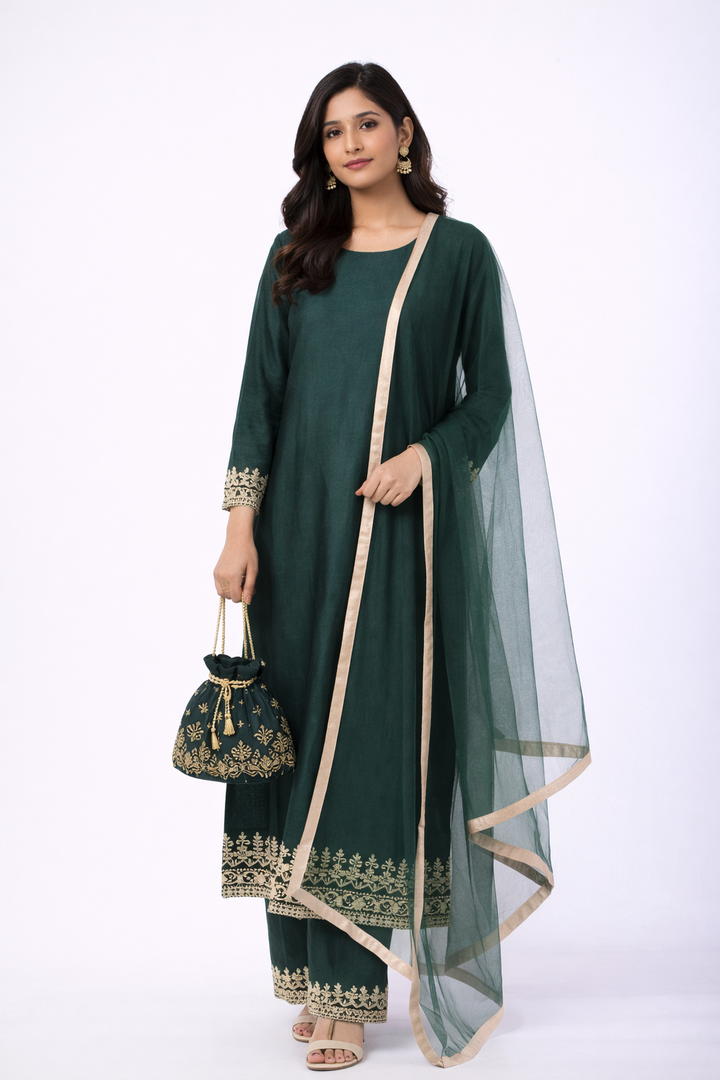 Bottle Green Katan Silk Kurti Set with Dori Work & Net Dupatta