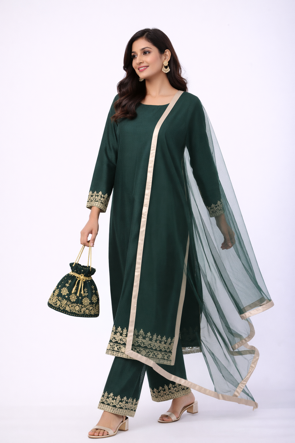 Bottle Green Katan Silk Kurti Set with Dori Work & Net Dupatta