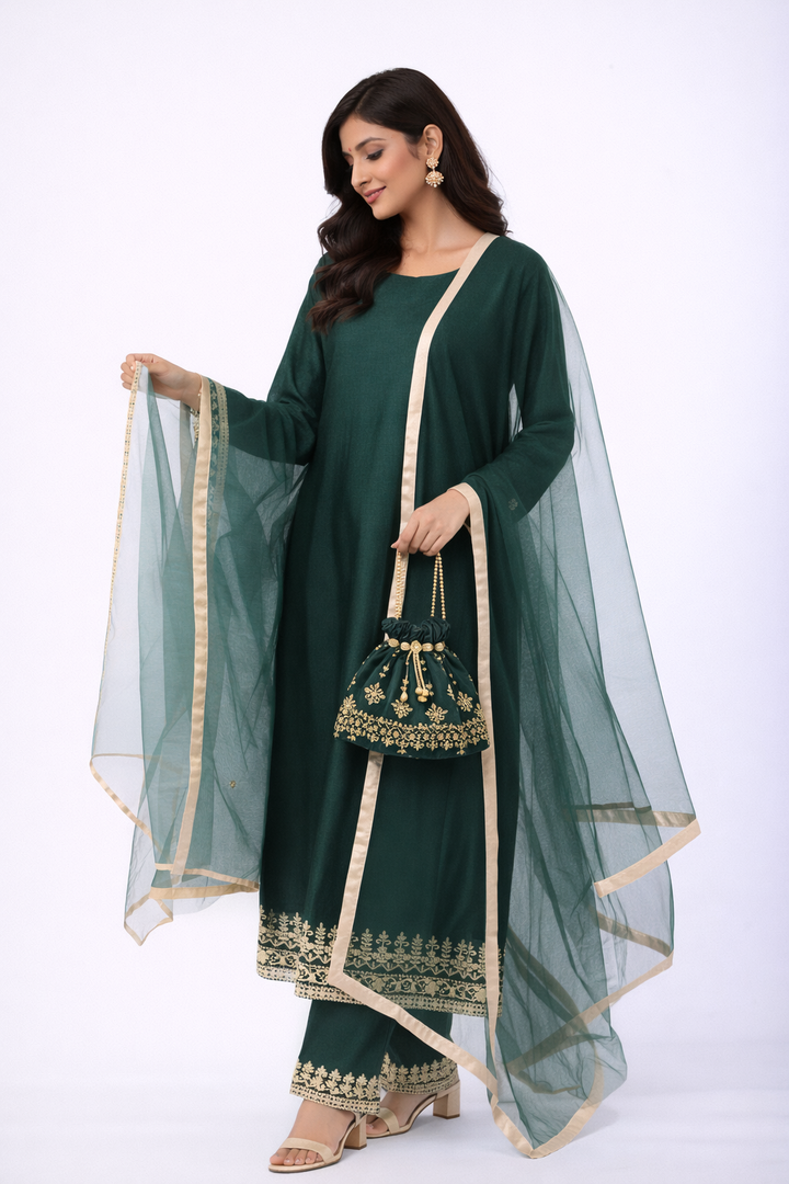 Bottle Green Katan Silk Kurti Set with Dori Work & Net Dupatta