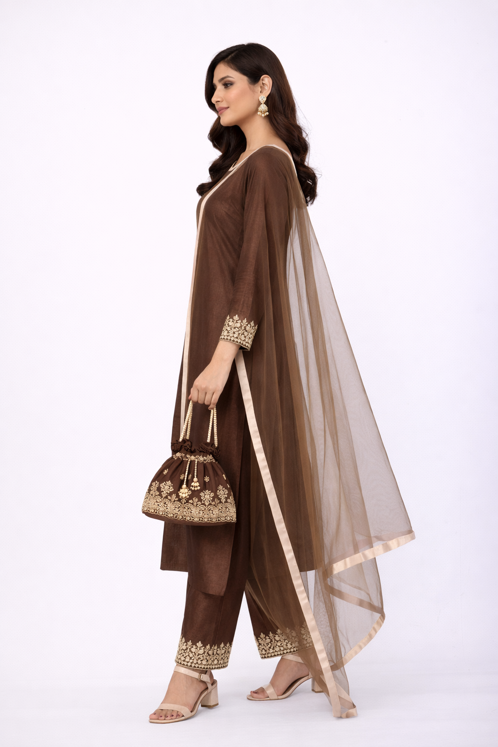 Coffee Brown Katan Silk Kurta Set with Pant & Net Dupatta