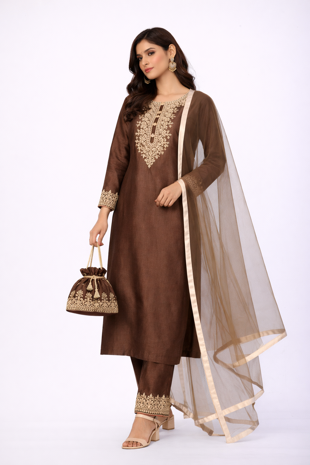 Coffee Brown Katan Silk Kurta Set with Pant & Net Dupatta