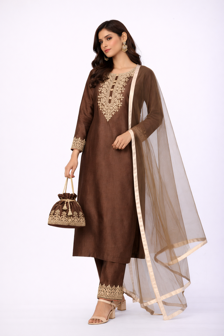 Coffee Brown Katan Silk Kurta Set with Pant & Net Dupatta